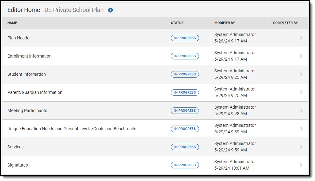 Screenshot of the Delaware Private School Plan Editor Home screen.