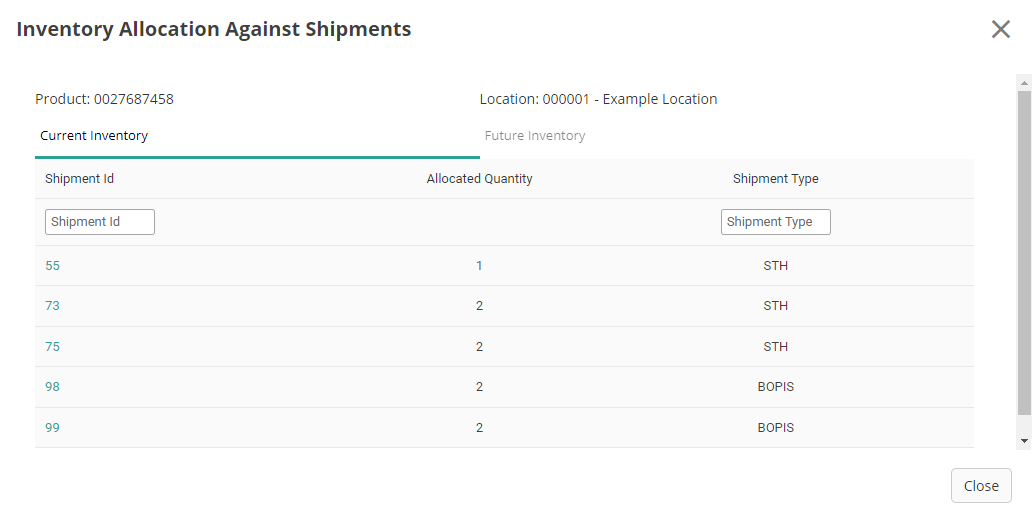 The shipment allocation pop-up with example shipments for current inventory