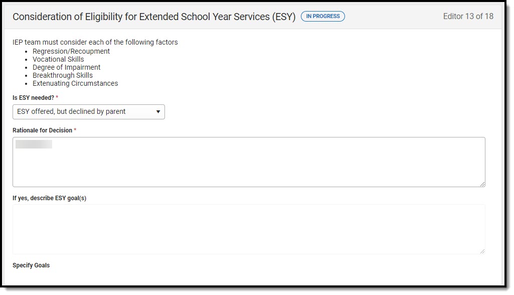 Screenshot of the Consideration of Eligibility for Extended School Year Services (ESY) Editor.