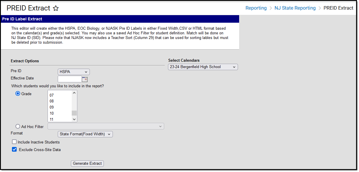 Screenshot of the Pre-ID HSPA extract editor.