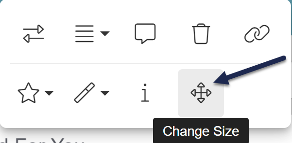 A screenshot of the image pop-up menu with an arrow pointing to the Change Size icon of four arrows