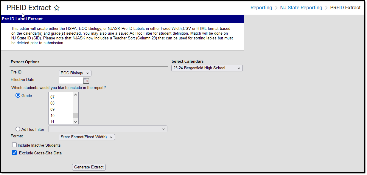Screenshot of the Pre-ID EOC Biology extract editor.