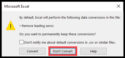 Screenshot of Excel prompt asking to remove leading zeros