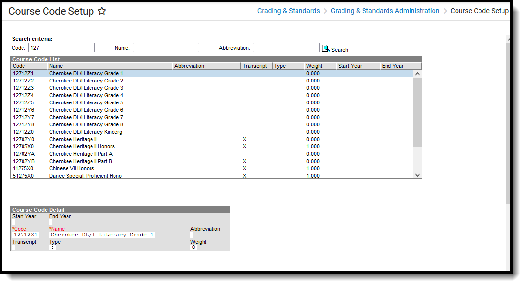Screenshot of the Course Codes editor, located at Grading & Standards, Grading & Standards Administration.