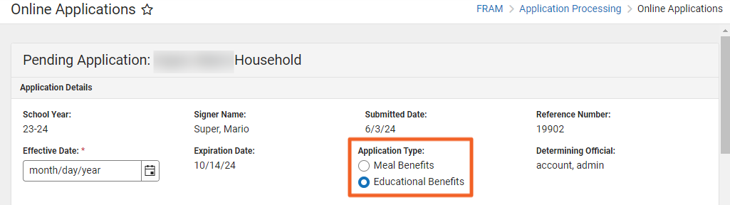 Screenshot of the Pending Applications tool. The Meal Benefits Application and Educational Benefits Application options are highlighted.