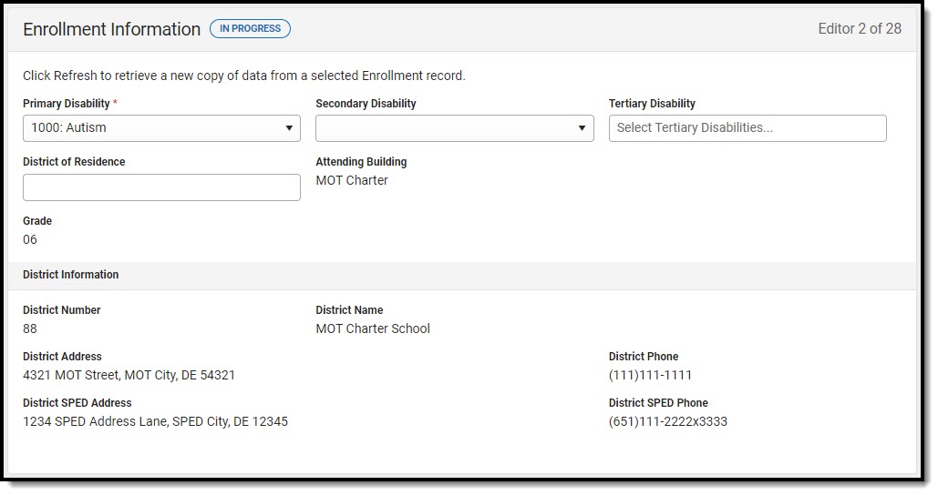 Screenshot of the enrollment information editor.