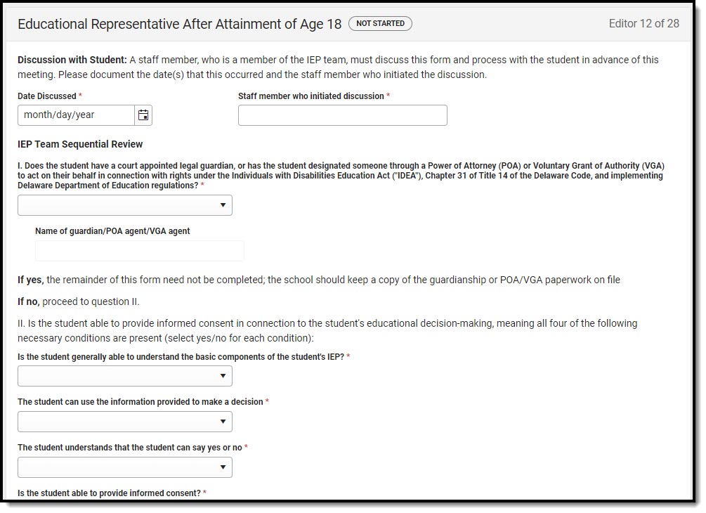 Screenshot of the Educational Representative After Attainment of Age 18 Editor.
