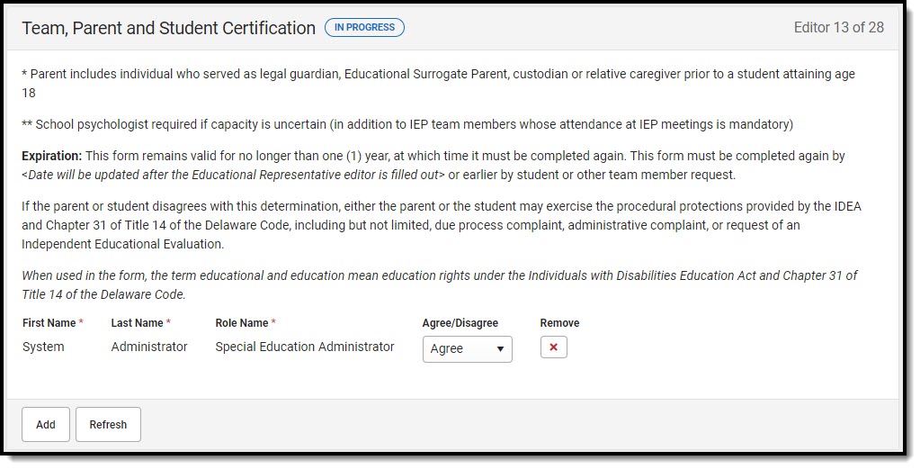 Screenshot of the Team, Parent, and Student Certification Editor.