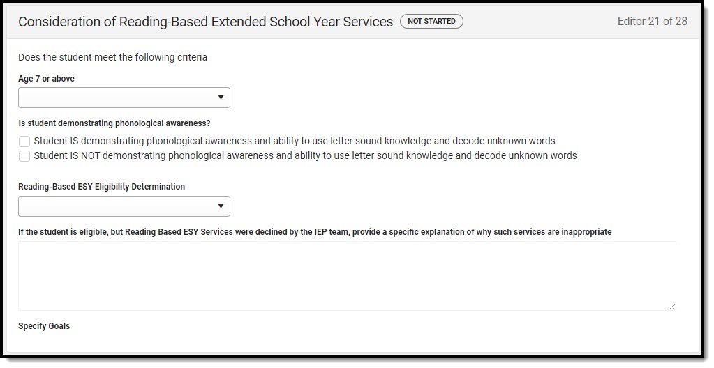 Screenshot of the Consideration of Reading-Based Extended School Year Services Editor.