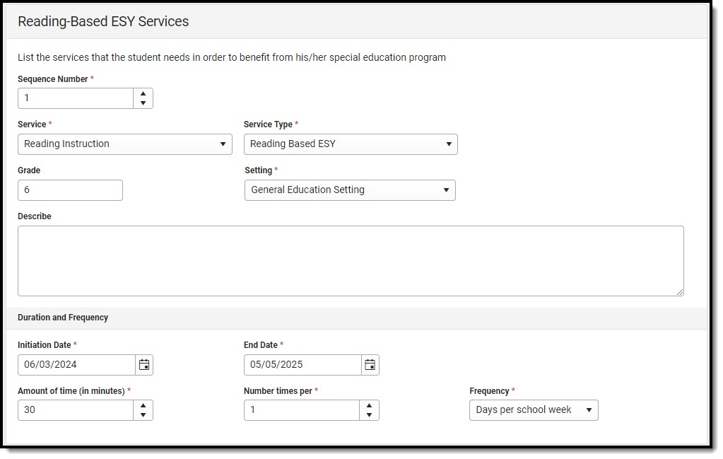 Screenshot of the Reading-Based ESY Services Detail Screen.