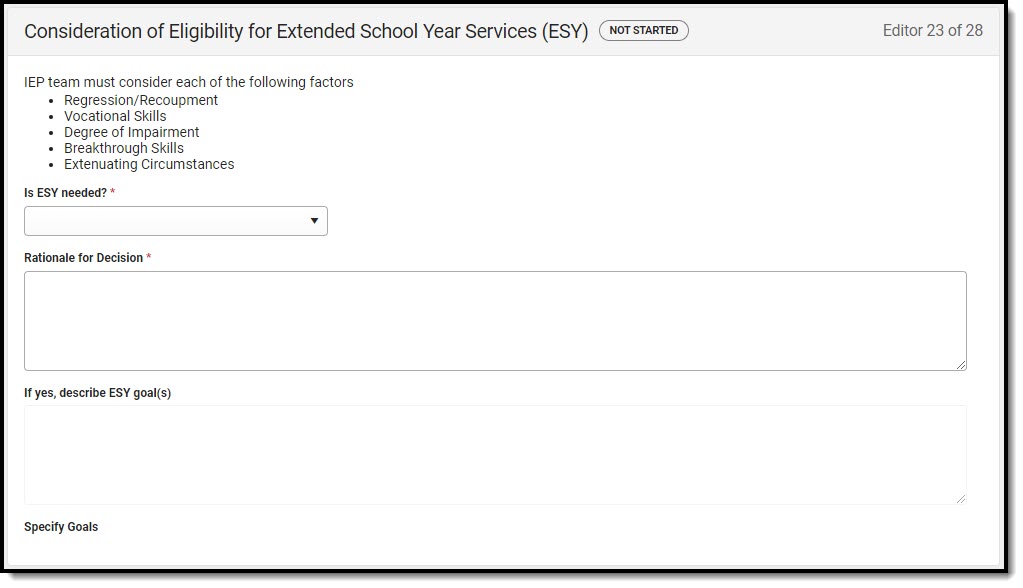 Screenshot of the Extended School Year Editor.