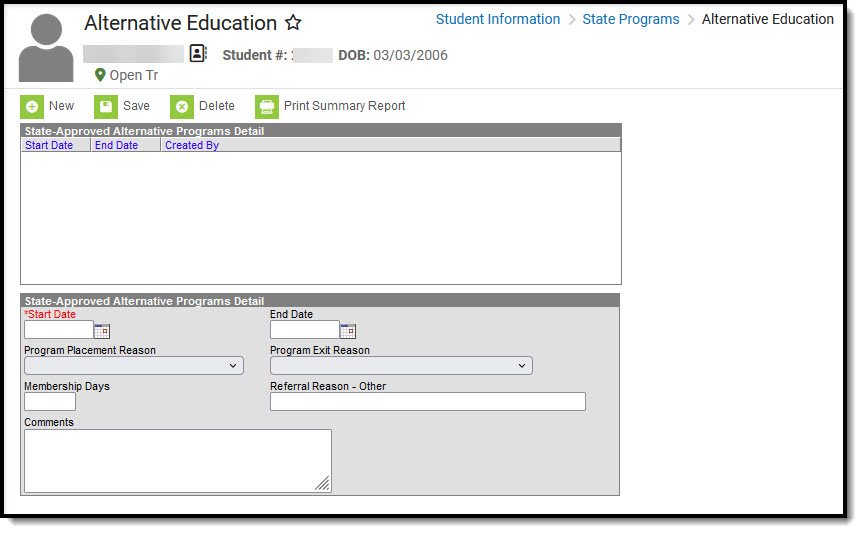 Screenshot showing an Alternative Education record for a selected student.