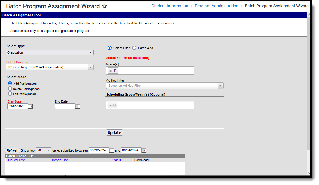 Screenshot of the Batch Program Assignment Wizard, located at Student Information, Program Administration. 