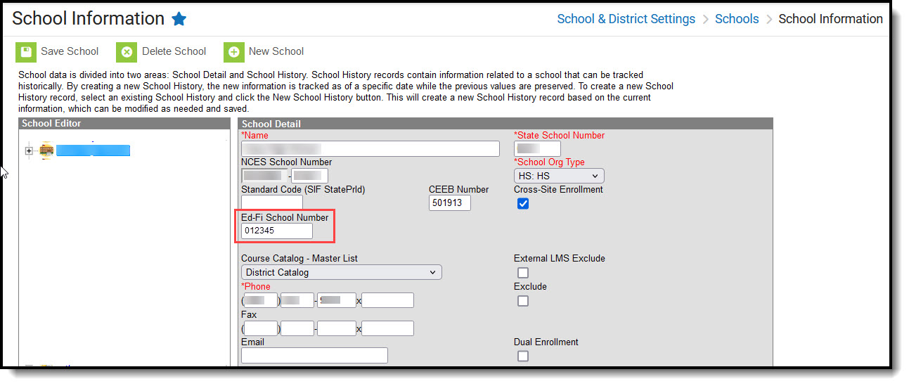 Screenshot of th Ed-Fi School Number field on the School Information tool.