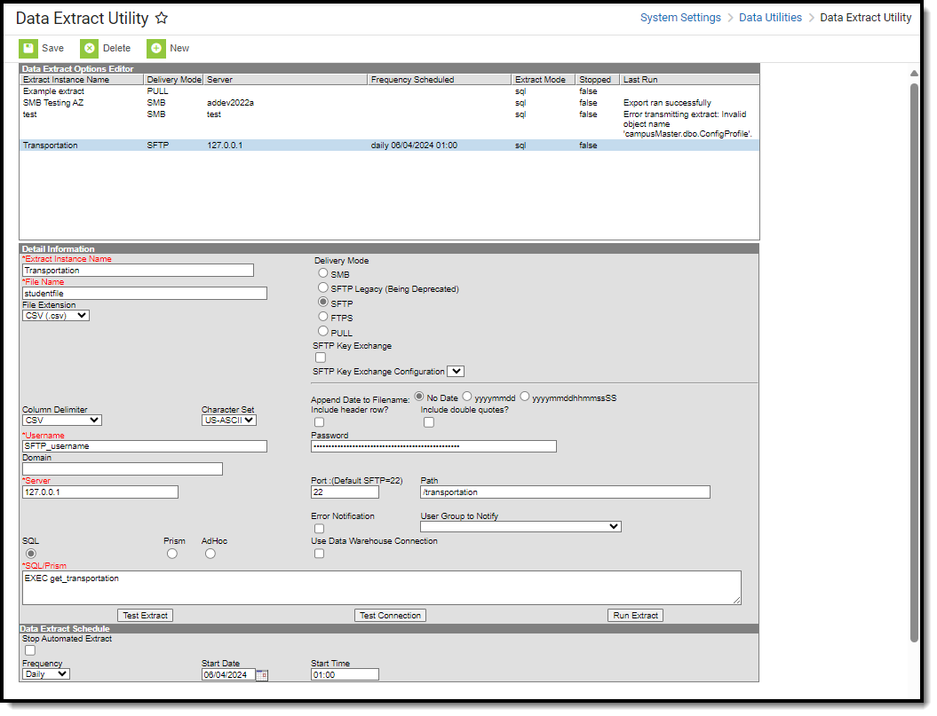 screenshot of the transporation extract setup in the data extract utiility