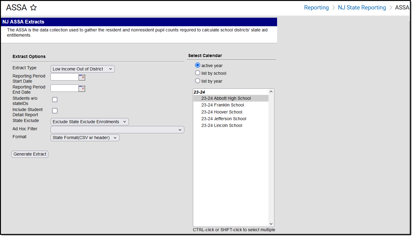 Screenshot of an example of the ASSA Low income Out of District report editor.