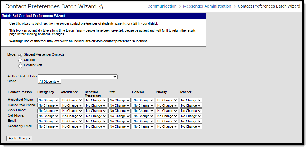 screenshot of the contact preferences batch wizard