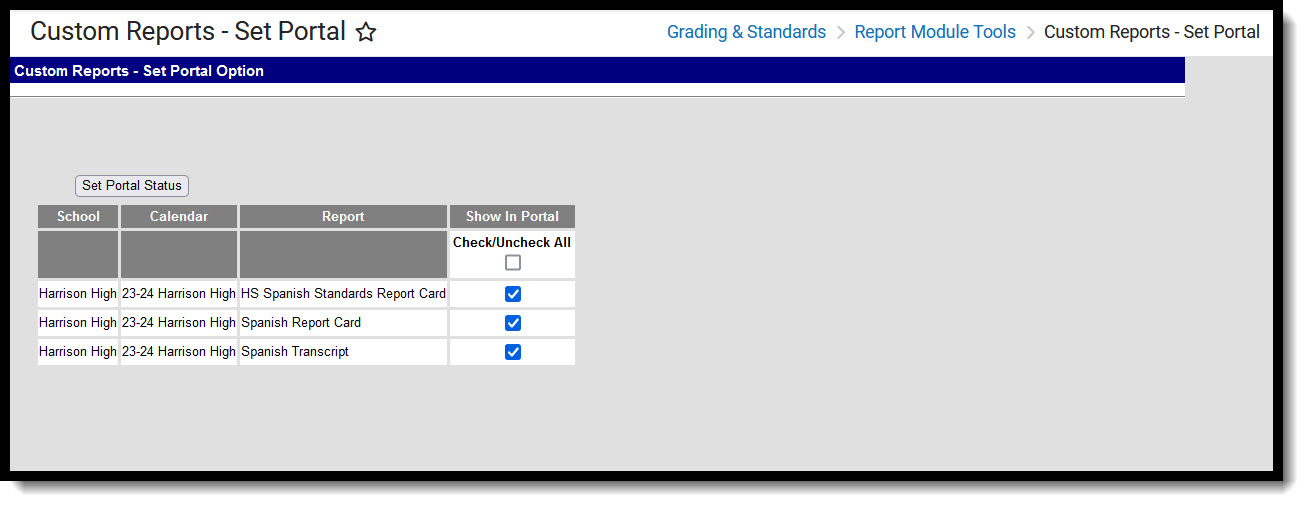 Screenshot of the Custom Reports - Set Portal tool