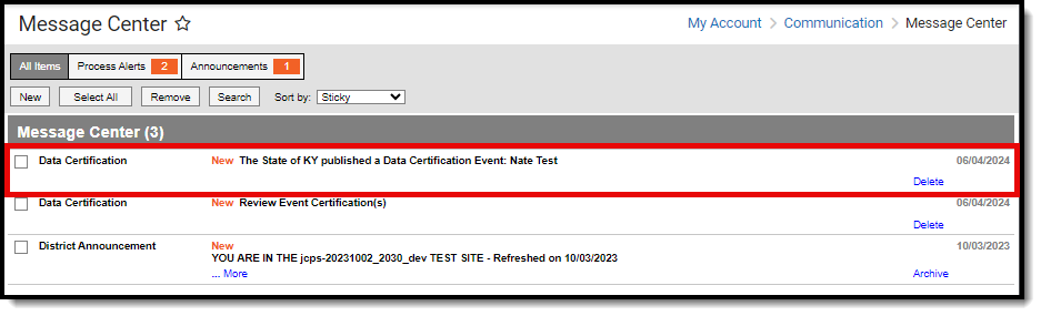 screenshot of the process alert for a published data certification