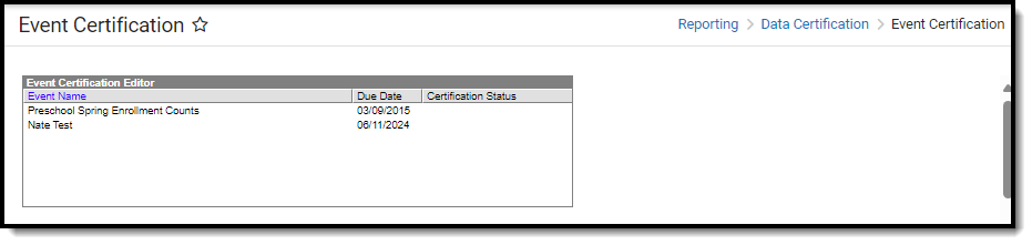 screenshot of the event certification tool
