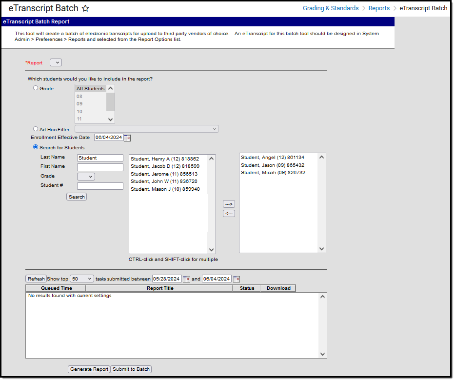 Screenshot of the eTranscript Batch report screen editor.