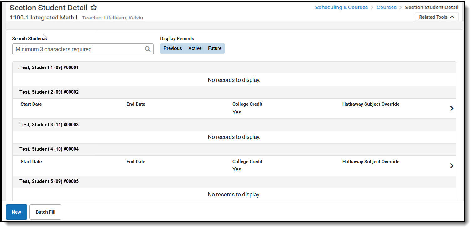 Screenshot of Section Student Detail Tool.