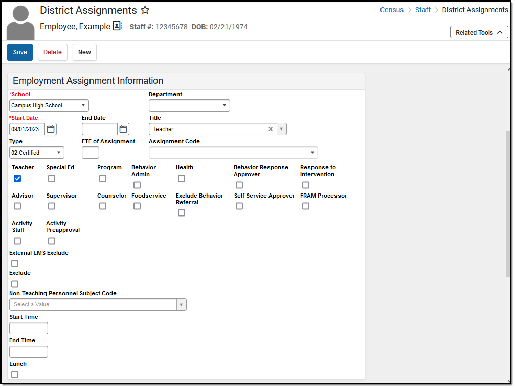 Image of the Employment Assignment Information editor under the District Assignments tool.