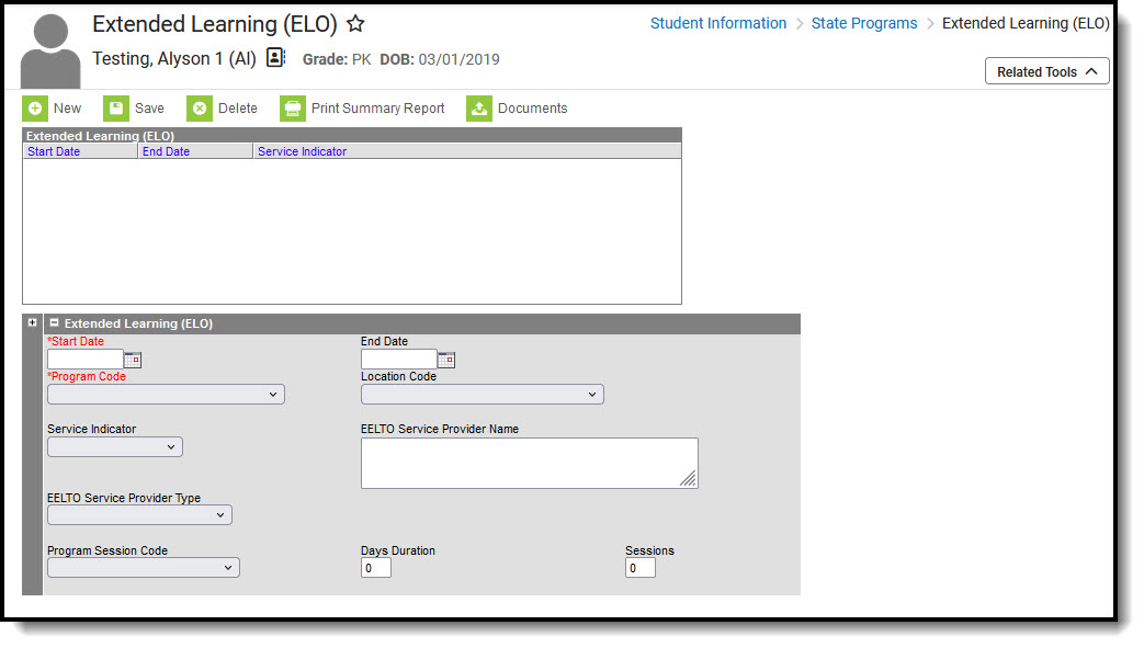 Screenshot of Extended Learning (ELO) tool.