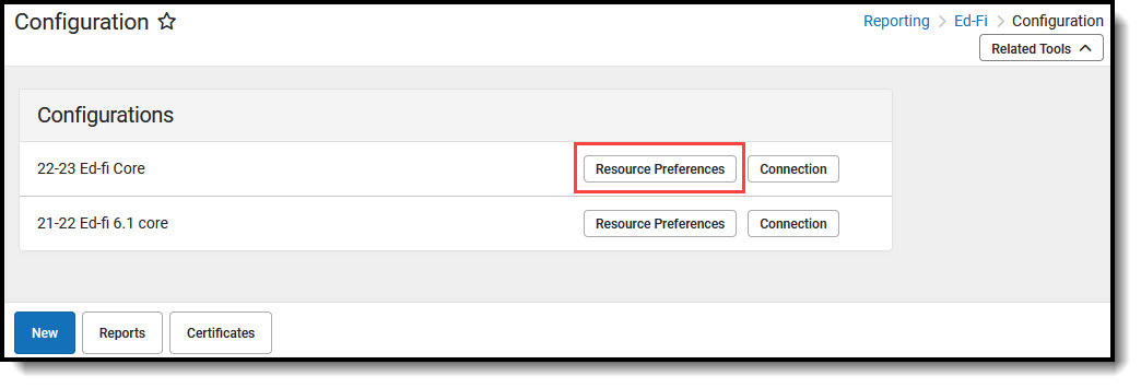 Screenshot of Ed-Fi Resource Preferences button.