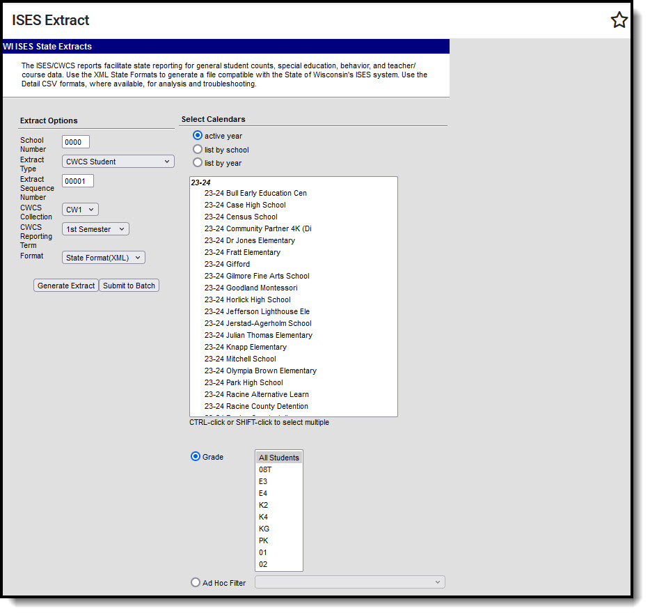 Screenshot of the ISES CWCS Extract editor.