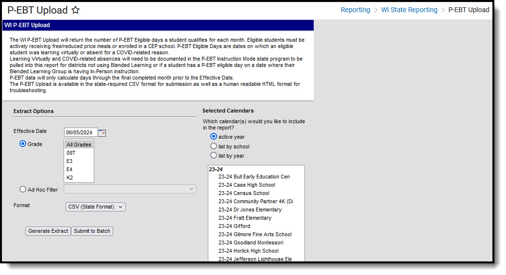Screenshot of the P-EBT Upload Extract, located at Reporting, WI State Reporting. 