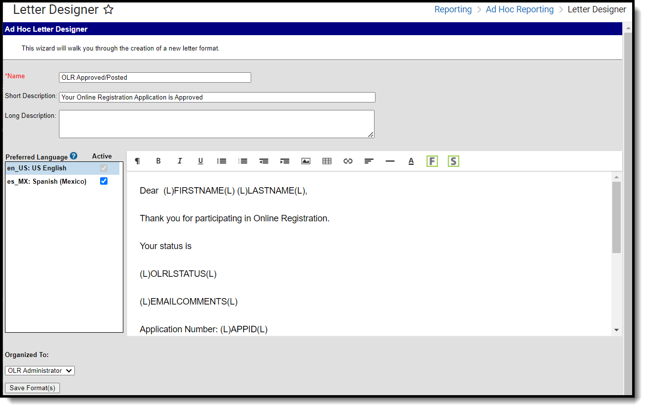 Screenshot of an example where a letter is edited in the Ad Hoc Letter Designer tool.