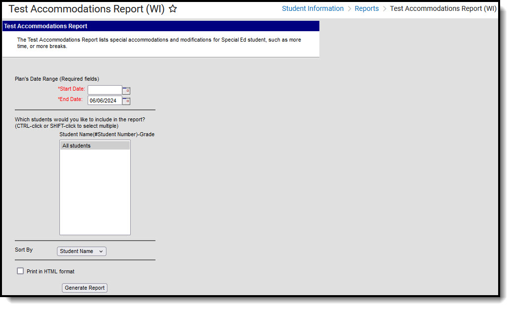 Screenshot of the Test Accommodations Report editor.