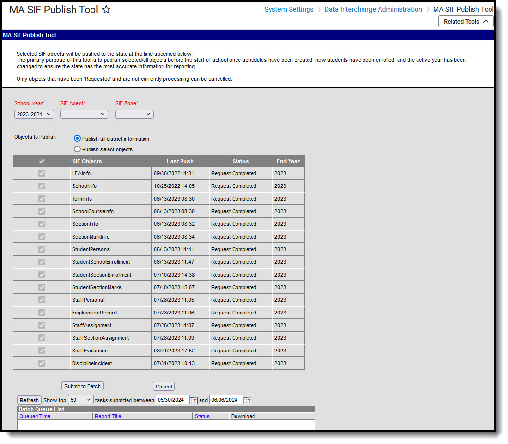 Screenshot of MA SIF Publish Tool.