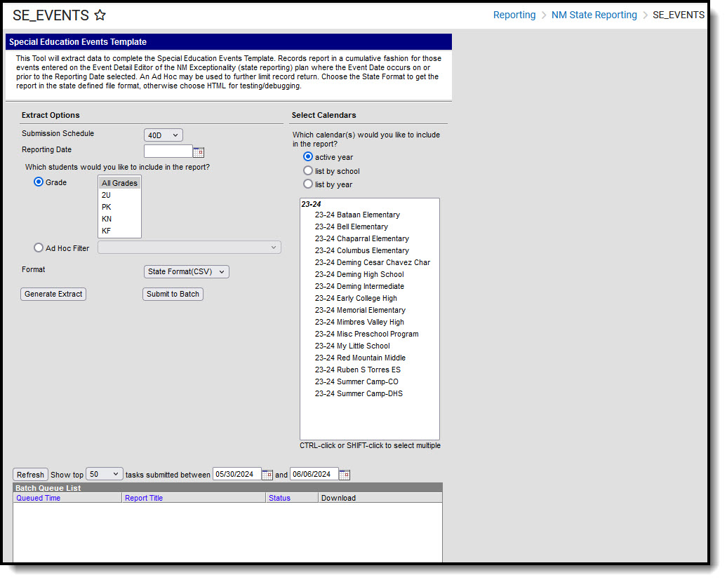 Screenshot of Special Education Events Template Editor.
