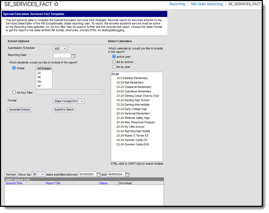 SCreenshot of Special Education Services Fact Template Editor.