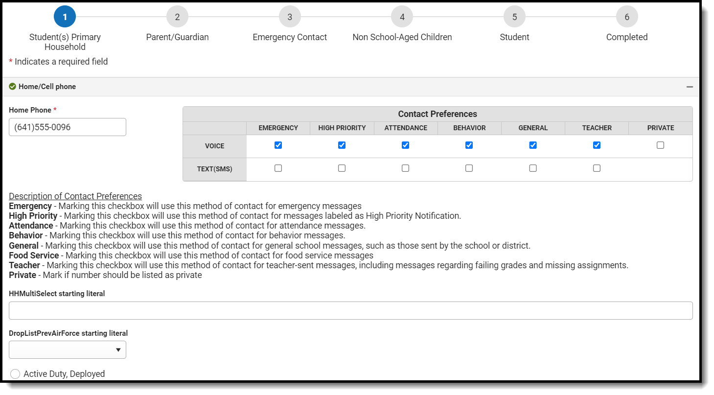 Screenshot of the Students Primary Household page. The fields for the Primary Phone are displayed.