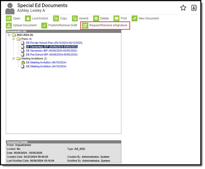 Screenshot of the Request eSignature on Portal button.