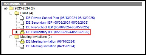 Screenshot of a locked plan on the special ed documents tool.