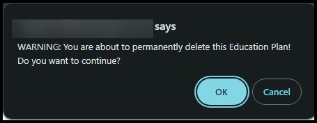 Screenshot of the delete plan warning message.