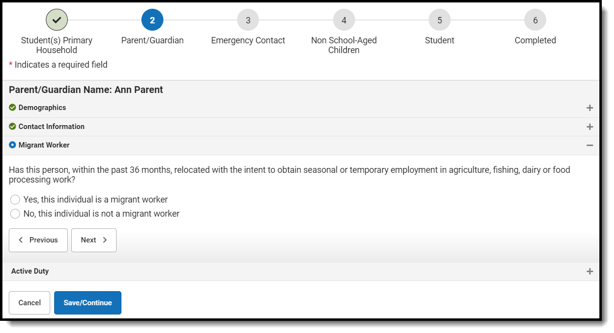 Screenshot of the Migrant Worker fields when entering a new parent or guardian.