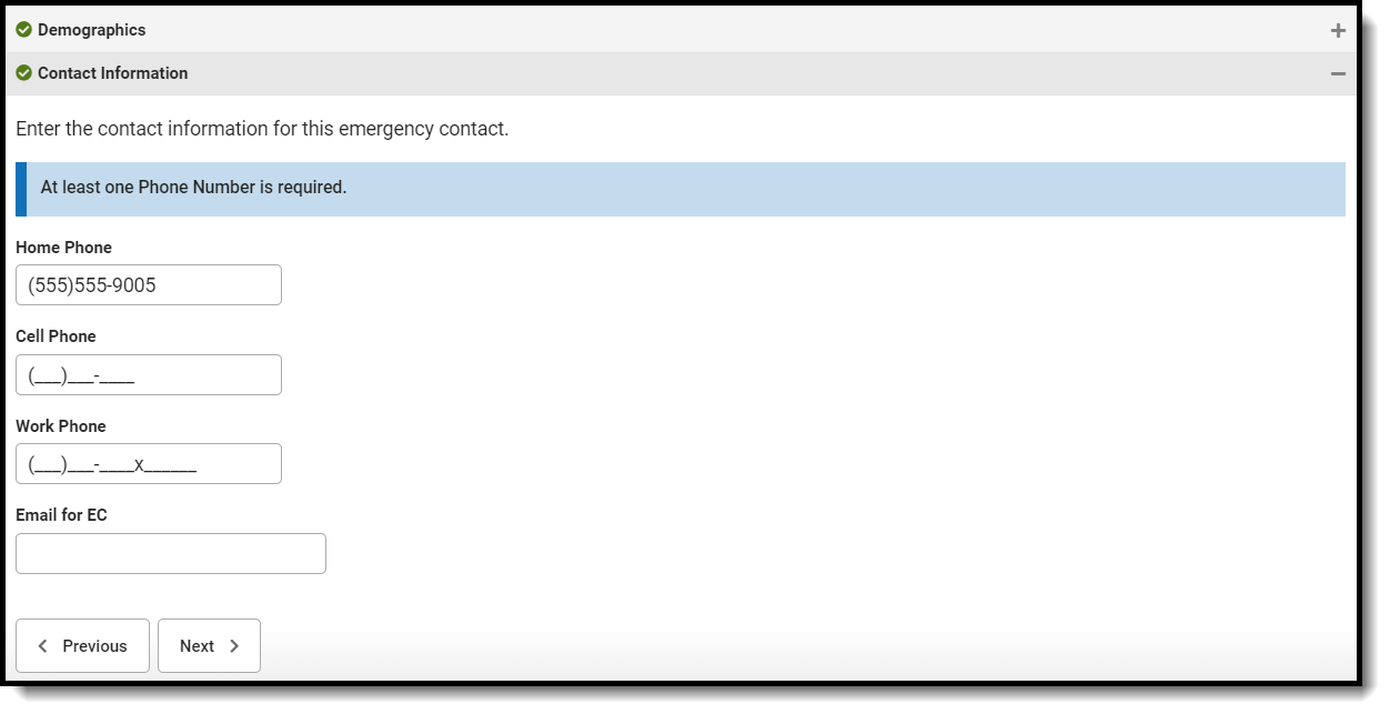 Screenshot of the Contact Information fields when entering a new emergency contact.