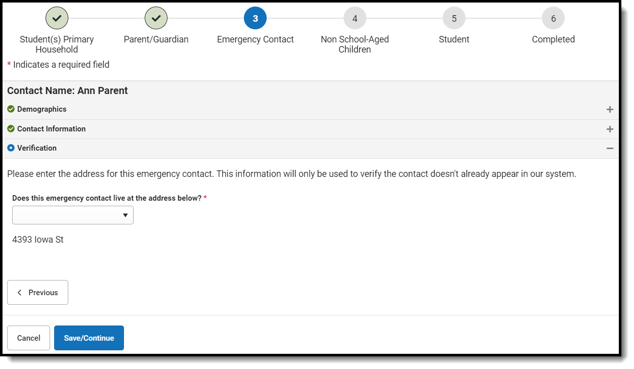 Screenshot of the Verification window when entering a new emergency contact.
