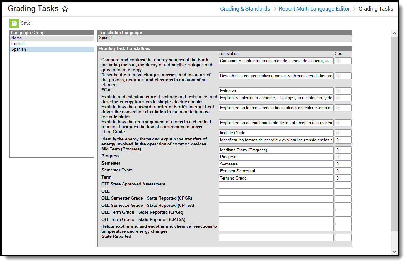 Screenshot of the Grading Tasks tool with Spanish translation examples