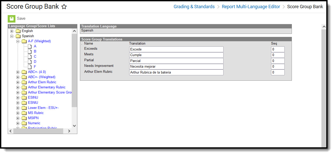 Screenshot of the Score Group Bank tool with a Spanish translation example