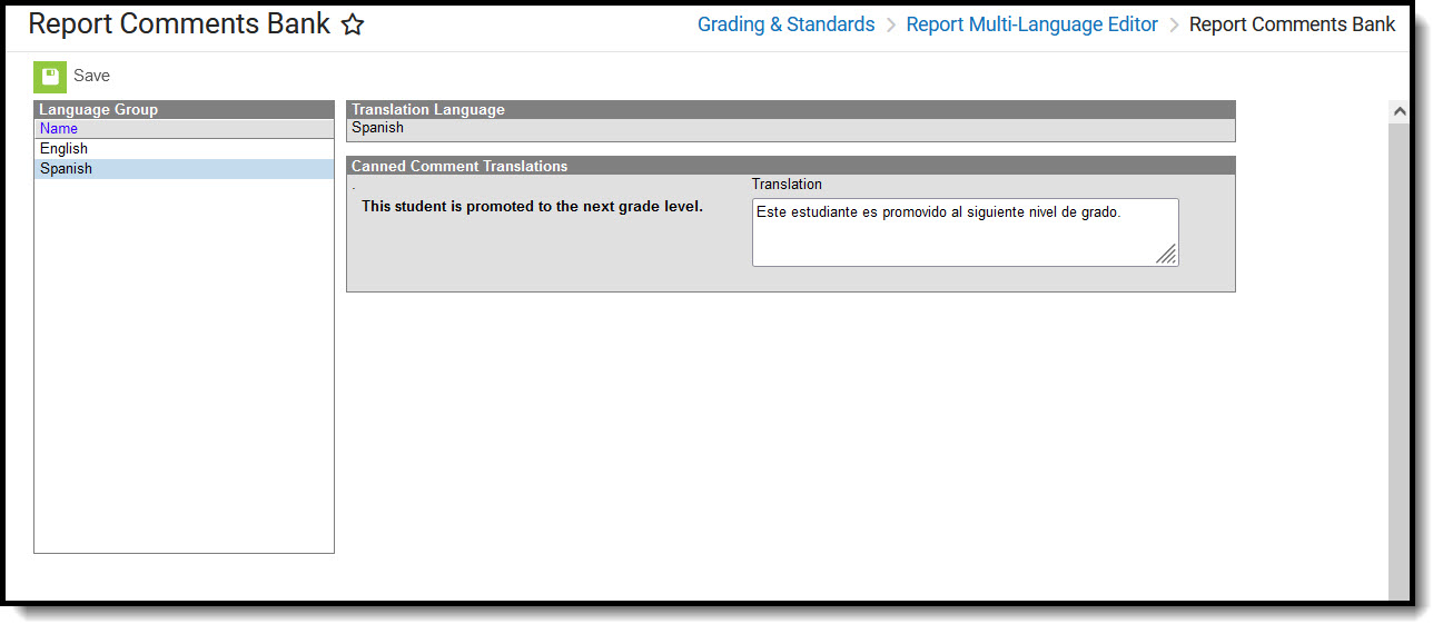 Screenshot of the Report Comments Bank tool with a Spanish translation example
