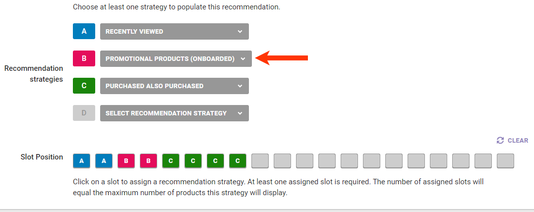 Example of a slotted recommendation with 3 recommendation strategies selected. Recommendation strategy B uses a Recommendations dataset. The recommendation strategy slotting sequence is A, A, B, B, C, C, C, C.