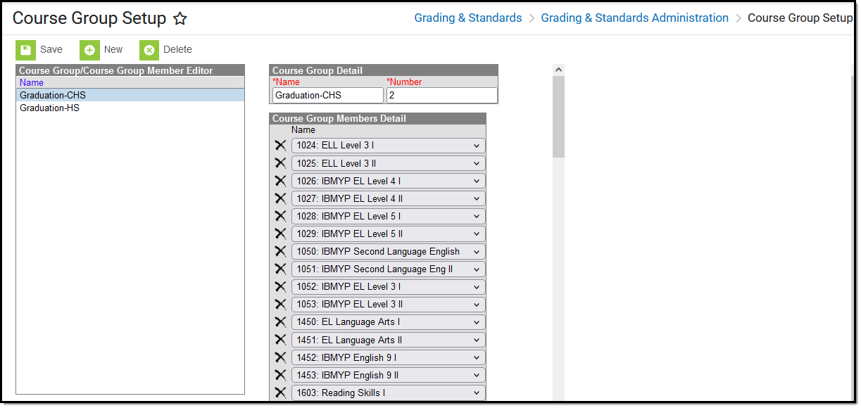 Screenshot of the Course Group tool with detail for the selected group shown on the right.