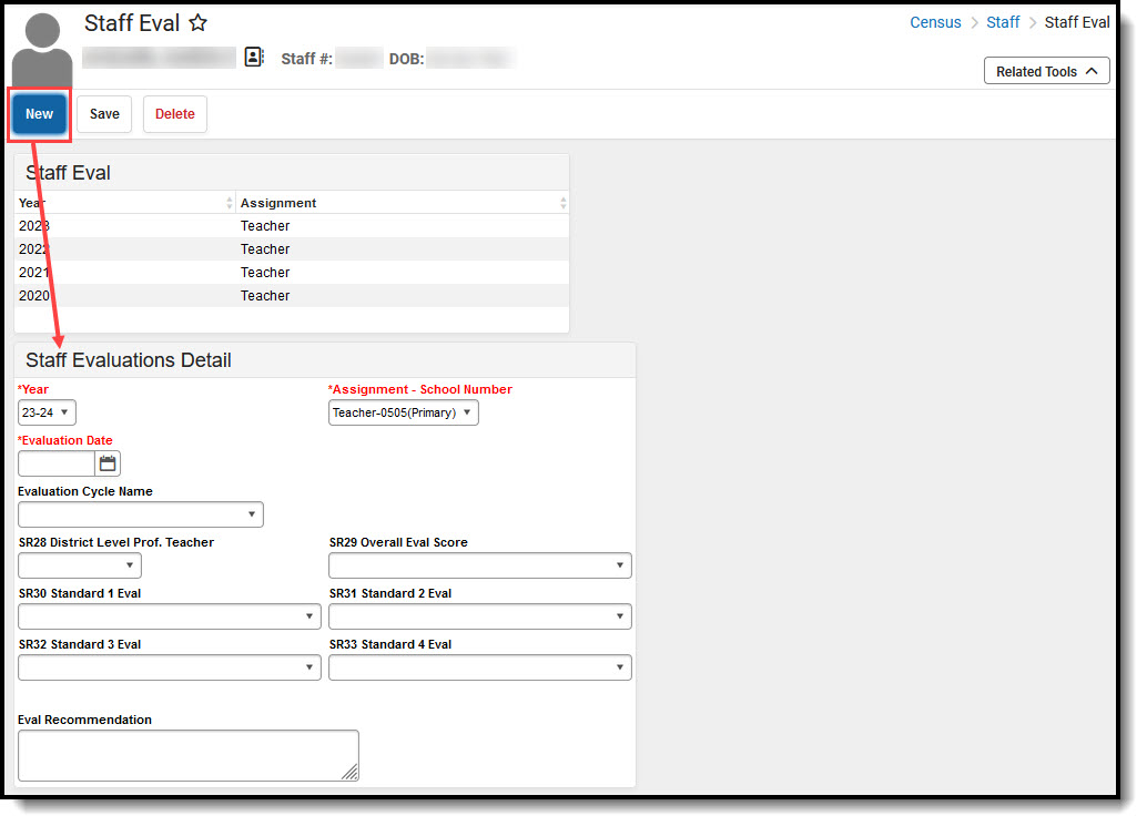 Screenshot of Creating a New Staff Eval Record.