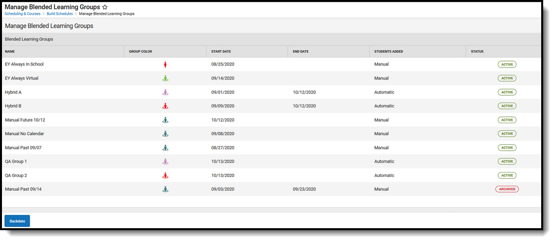 Screenshot of Manage Blended Learning Groups tool.